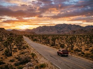 California desert highway at sunset