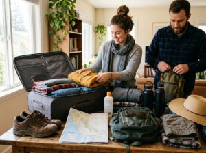 California travel essentials packed for a trip