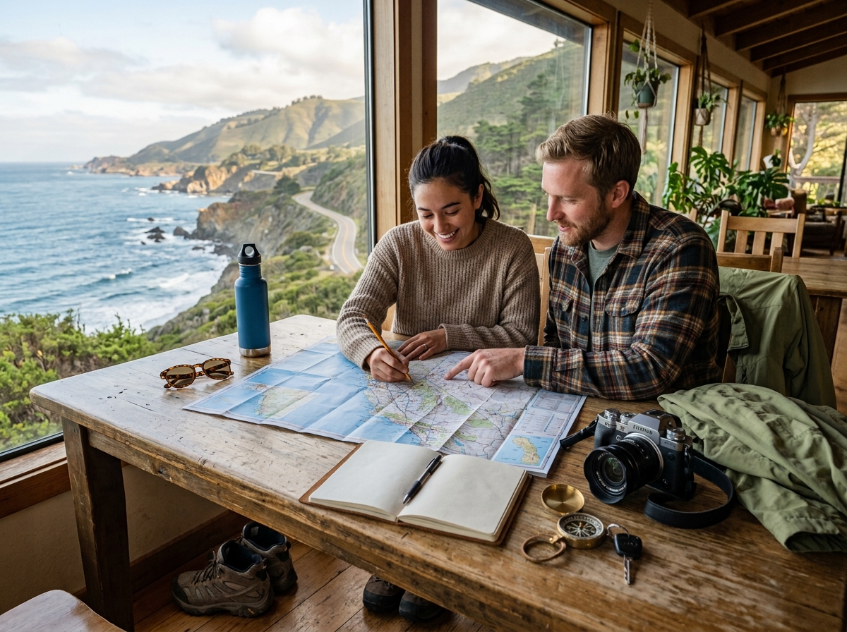 California travel planning essentials on a table