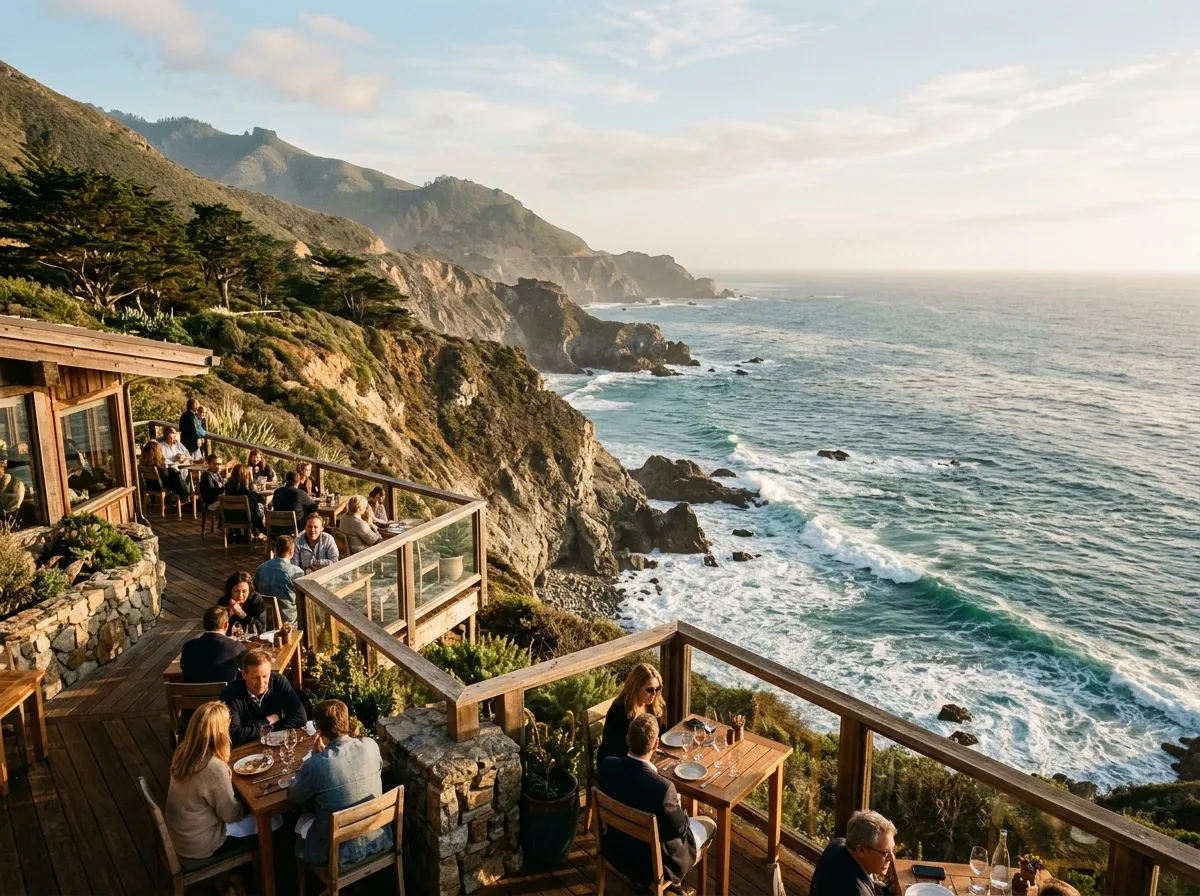 Cliffside restaurant terrace overlooking the Big Sur coastline