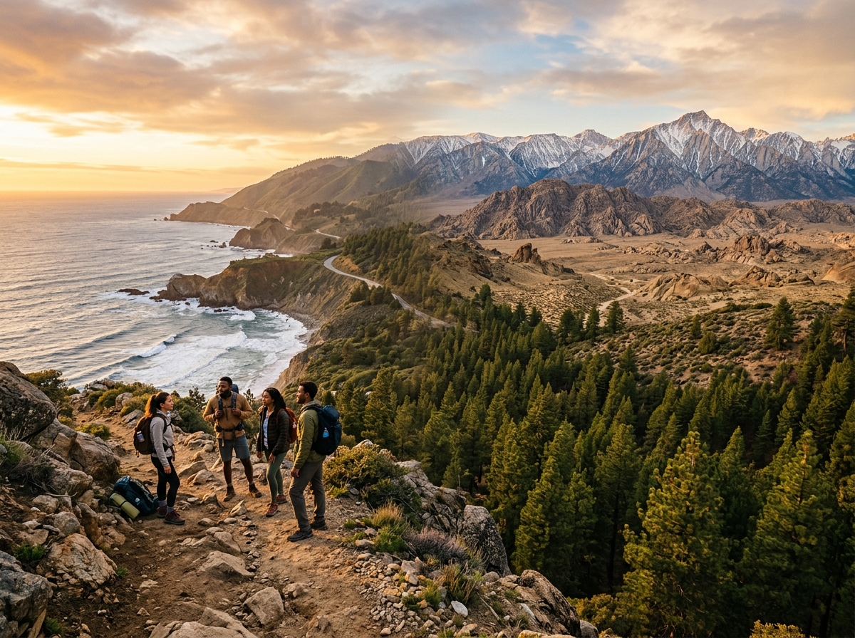 Hikers overlooking diverse California landscapes