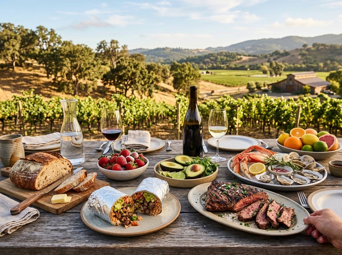 Iconic California foods on an outdoor table