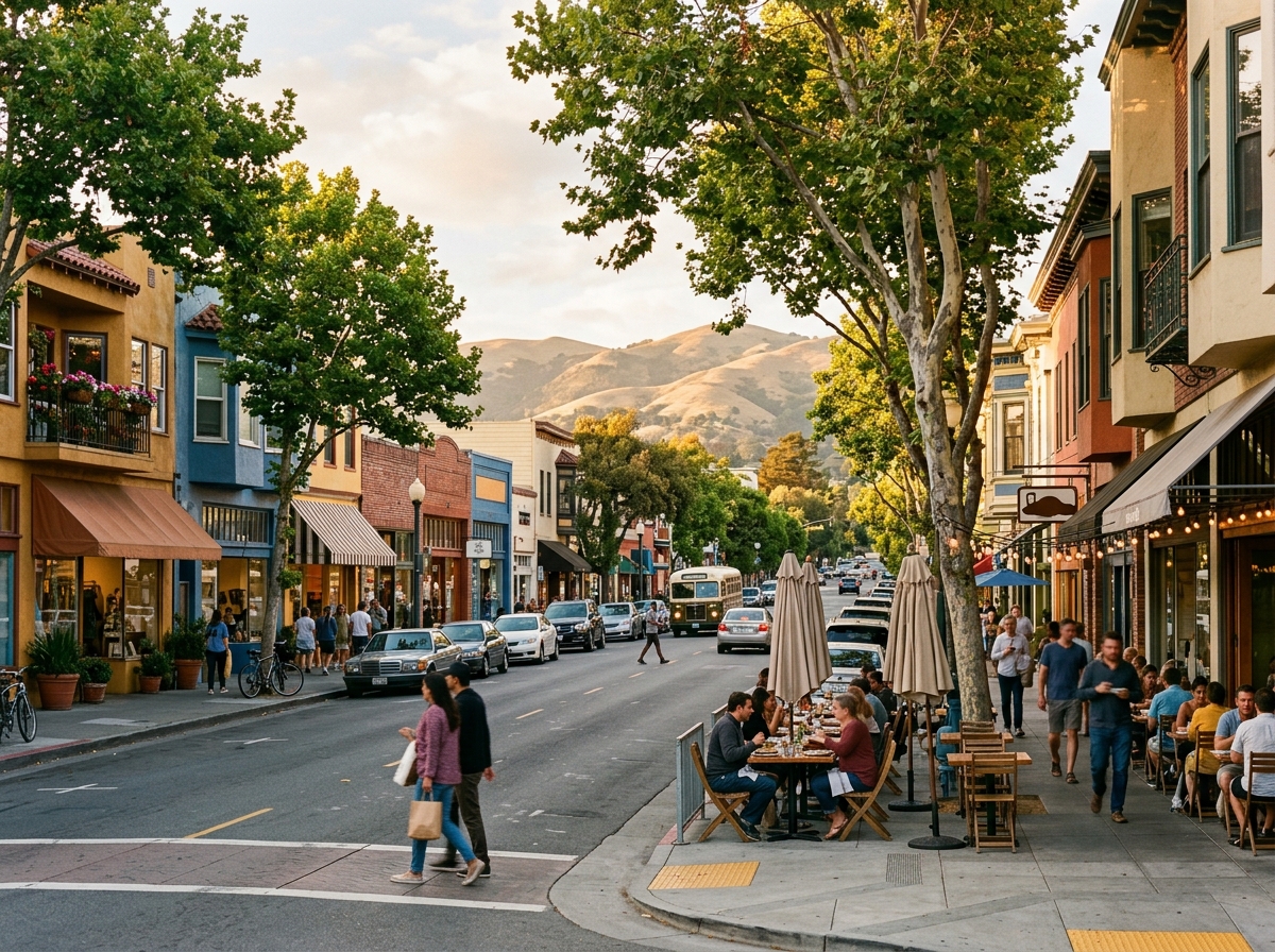 Lively California neighborhood street with shops and pedestrians