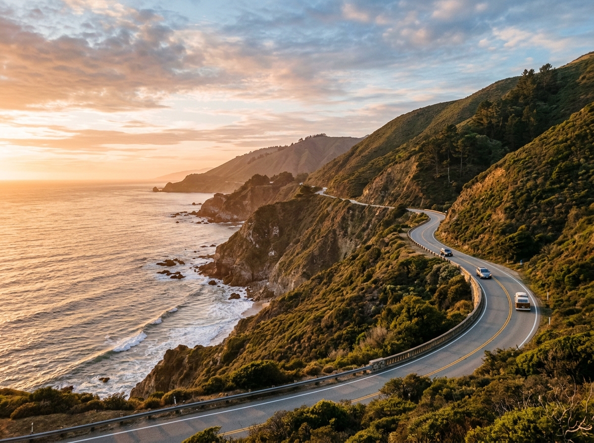 Scenic California coastal road at sunset