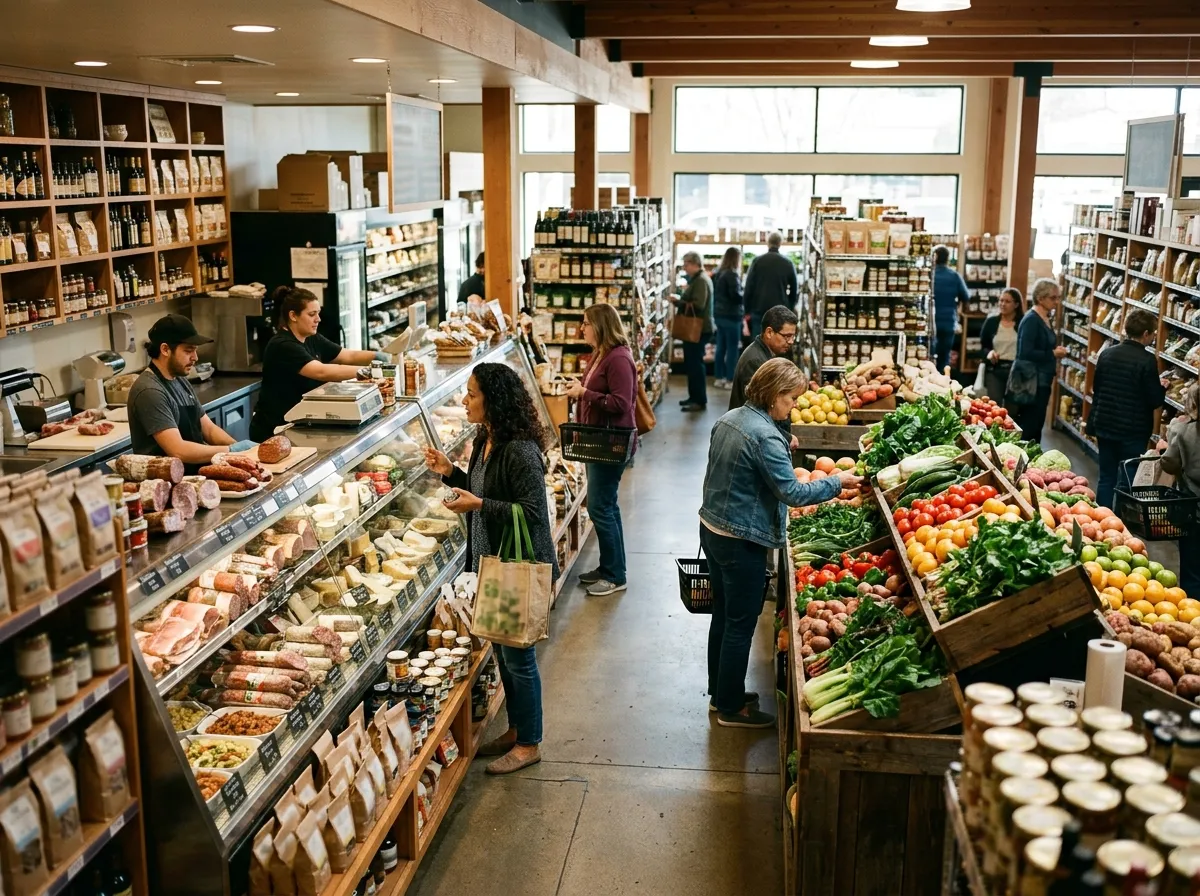 Shoppers browsing a specialty grocery and deli in Sacramento