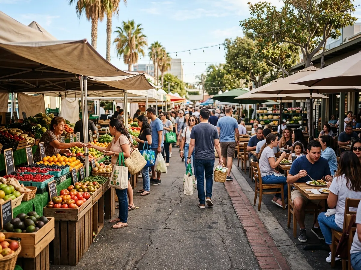 Shoppers walking through an open-air Los Angeles market with food stalls