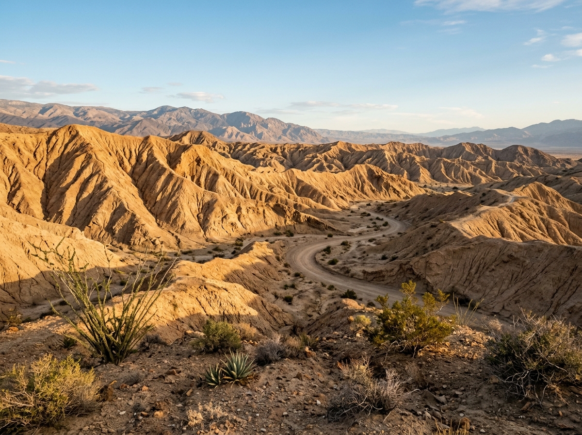 Sunlit California desert badlands with sculpted ridges and sparse vegetation