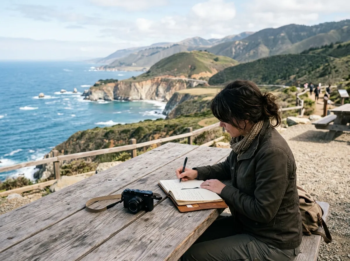 Travel writer reviewing notes at a California scenic overlook