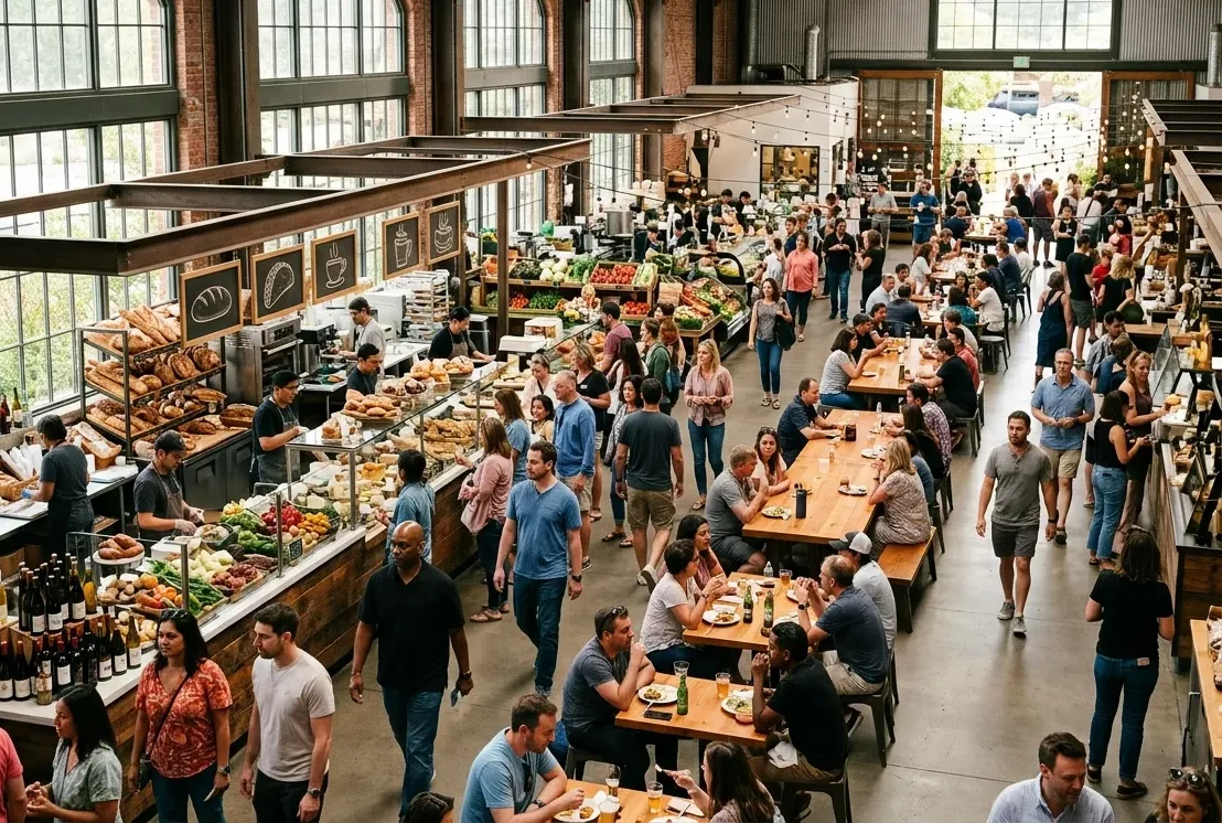 Visitors browsing food counters inside a Napa public market