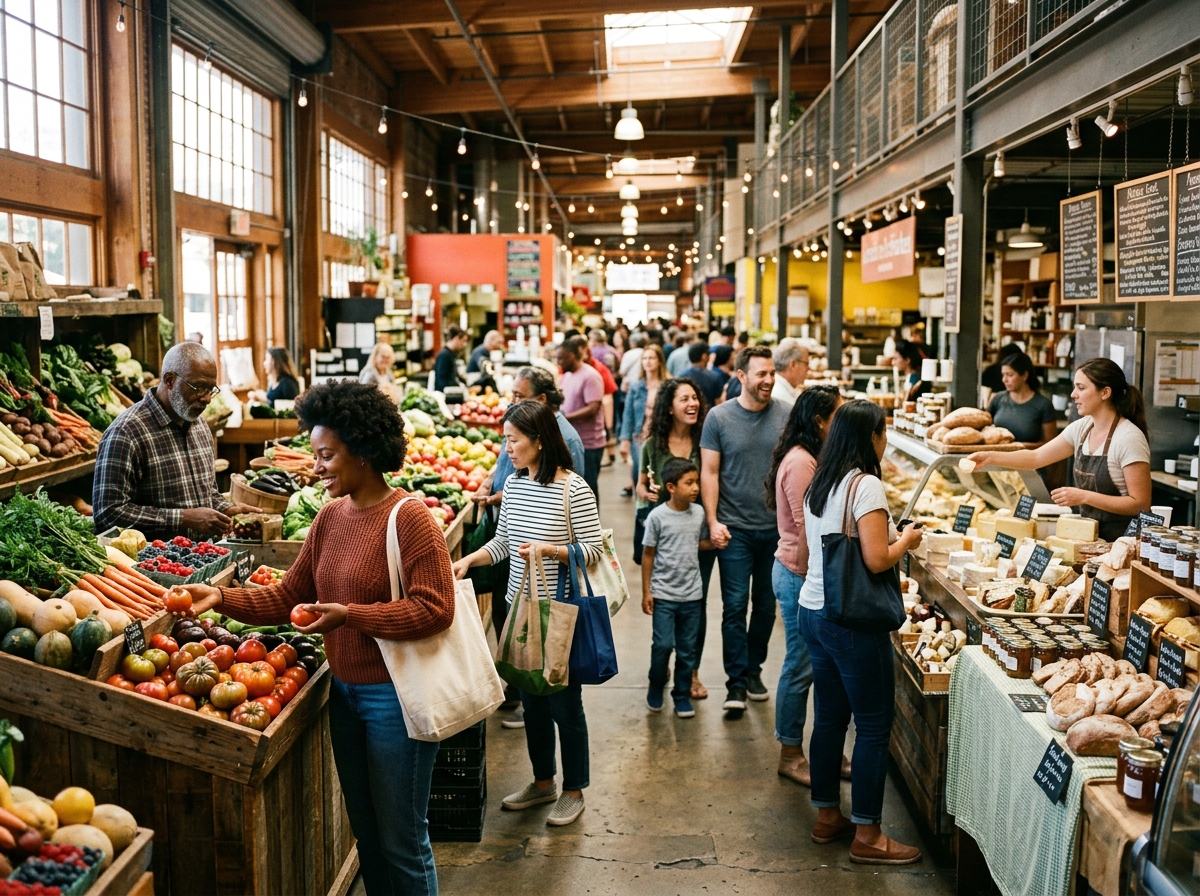 Visitors browsing food counters inside a busy California public market