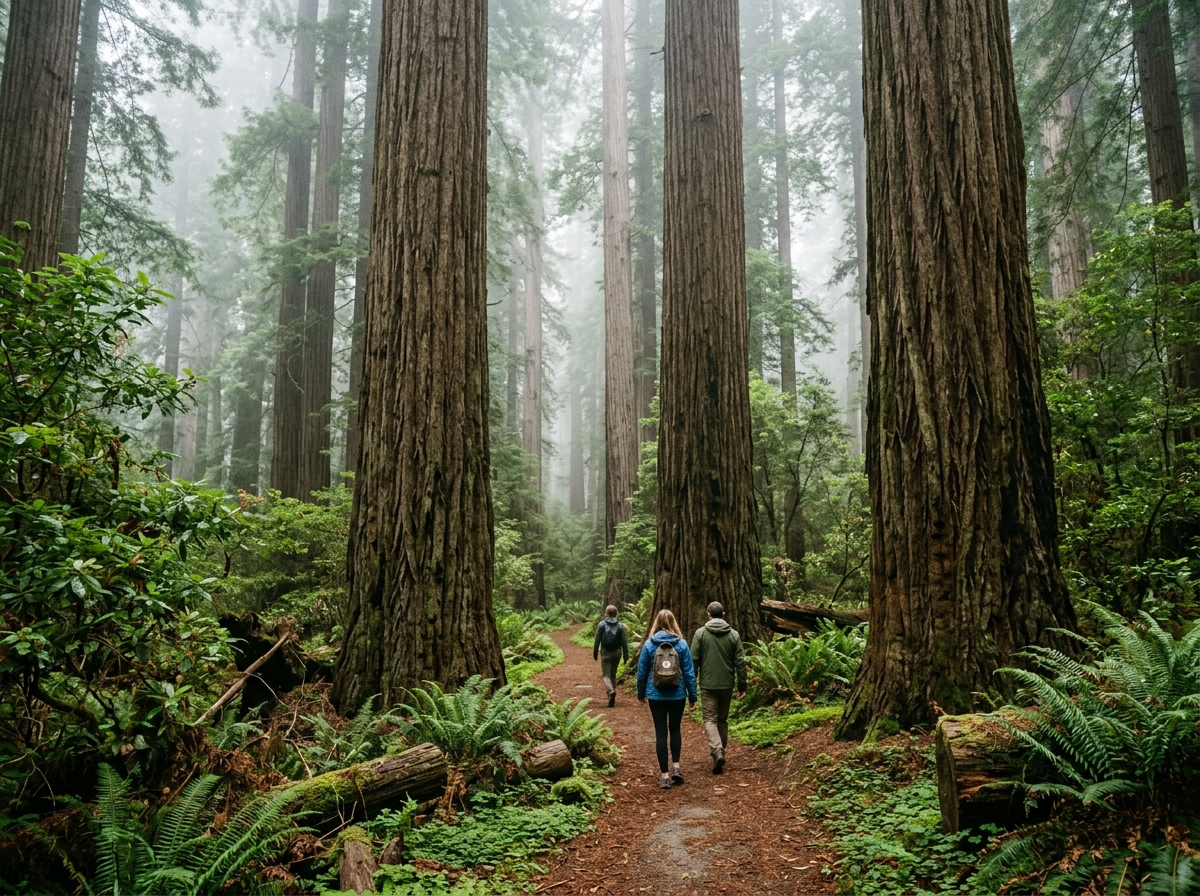 Visitors walking among towering coast redwoods in soft morning fog