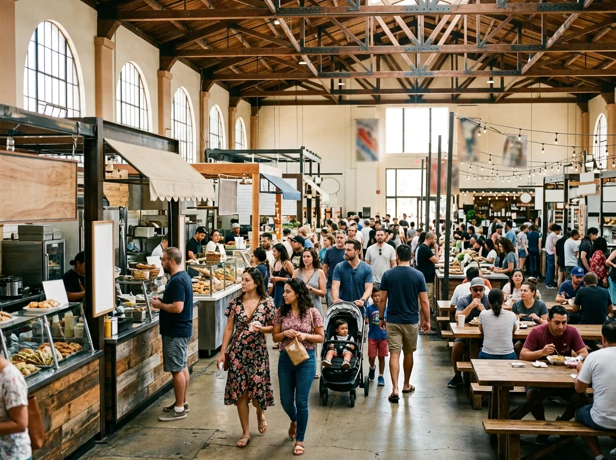 Visitors walking through a bright San Diego public market hall